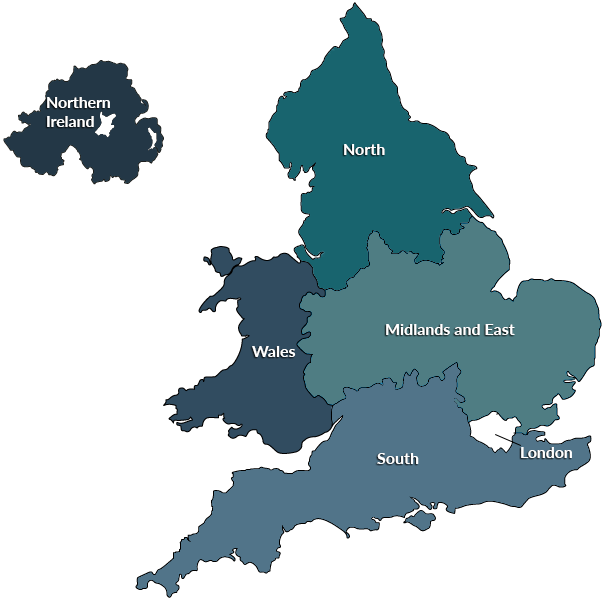 A map of the field team areas, South, London, Midlands and East, Wales, North and Northern Ireland.