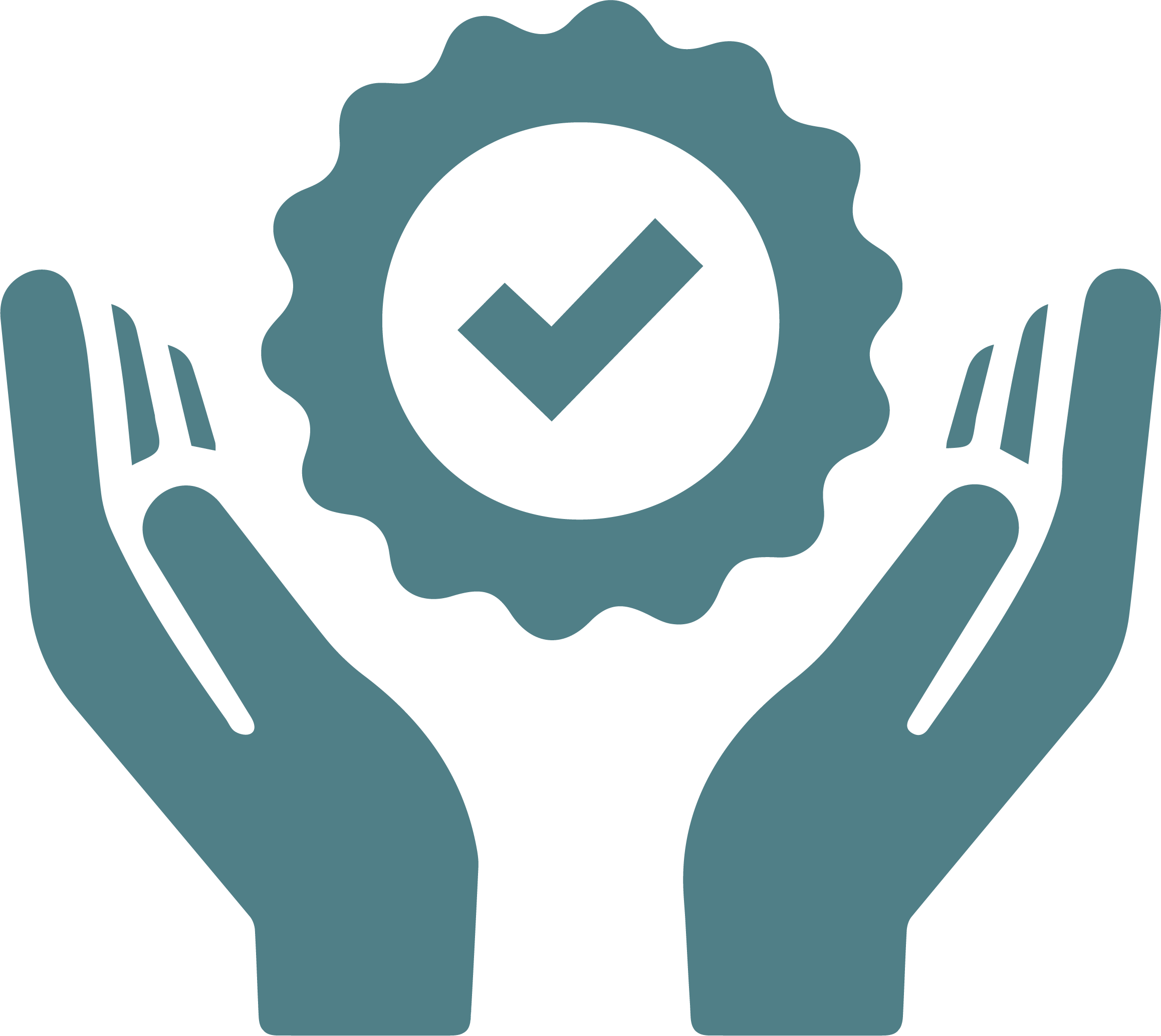 An icon showing two hands and a rosette containing a tick mark.